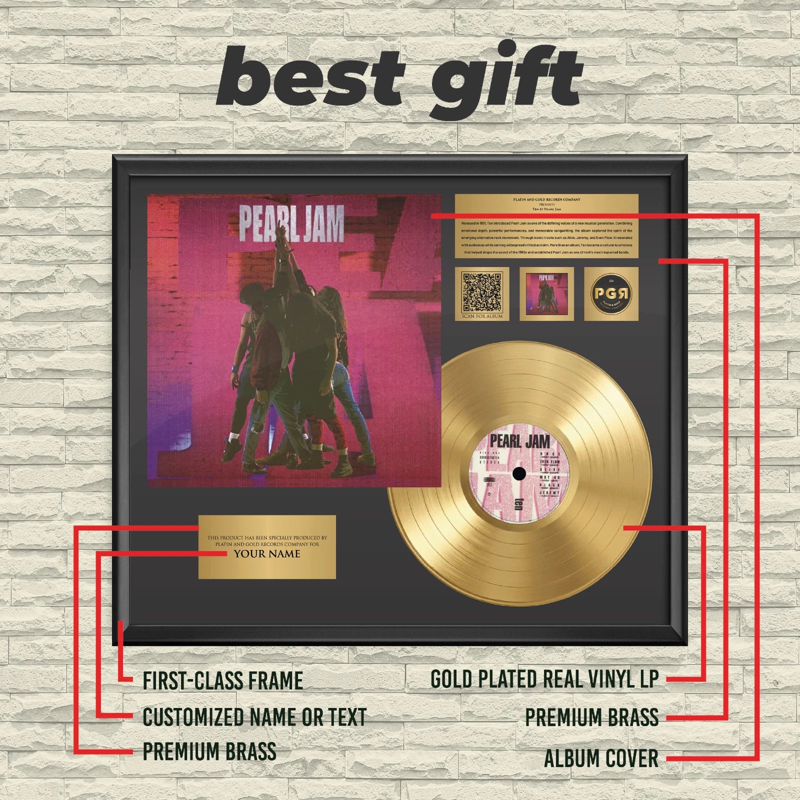 Personalized Pearl Jam Ten Gold Record Framed Wall Art Grunge Decor