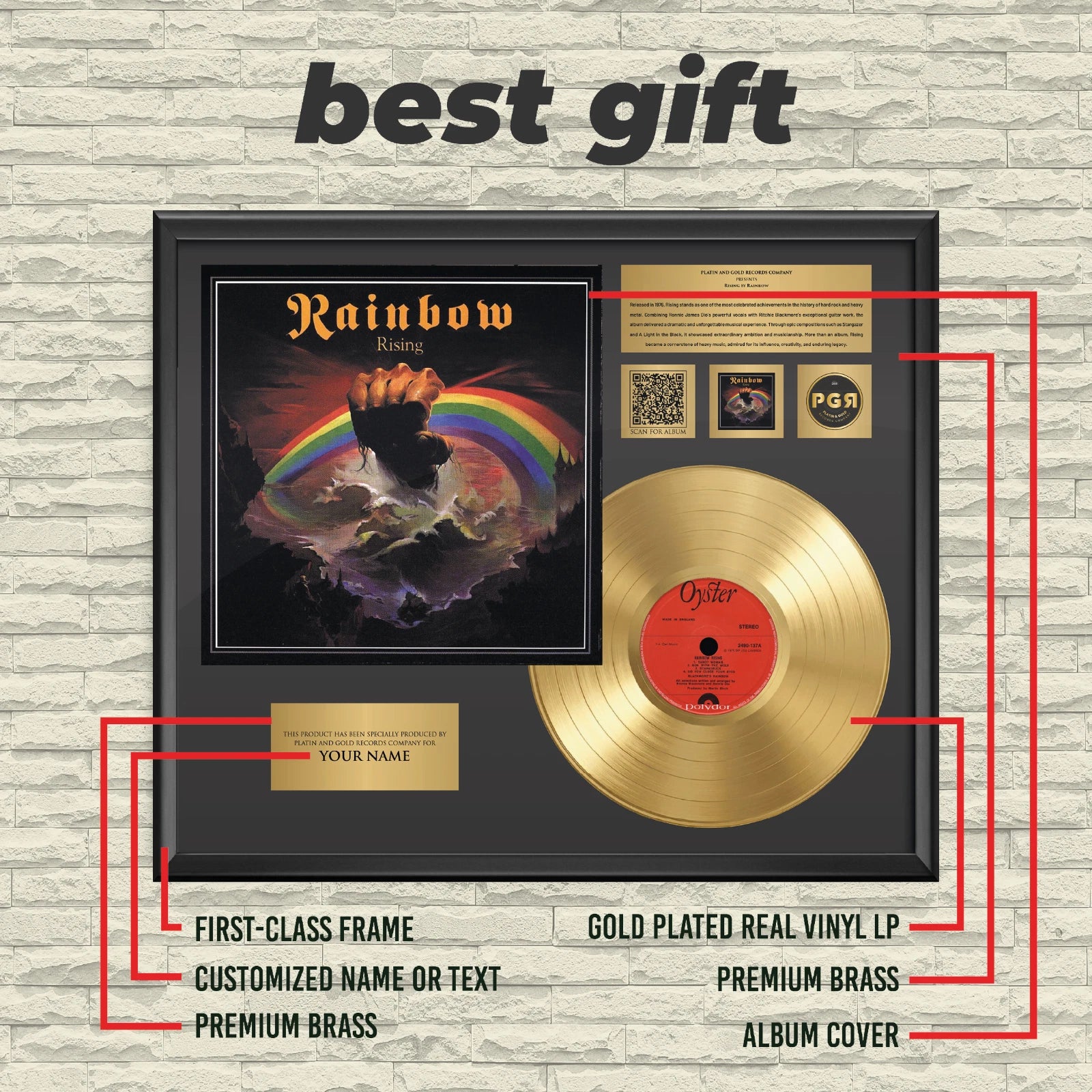 Personalized Rainbow Rising Gold Record Framed Wall Art Rock Decor
