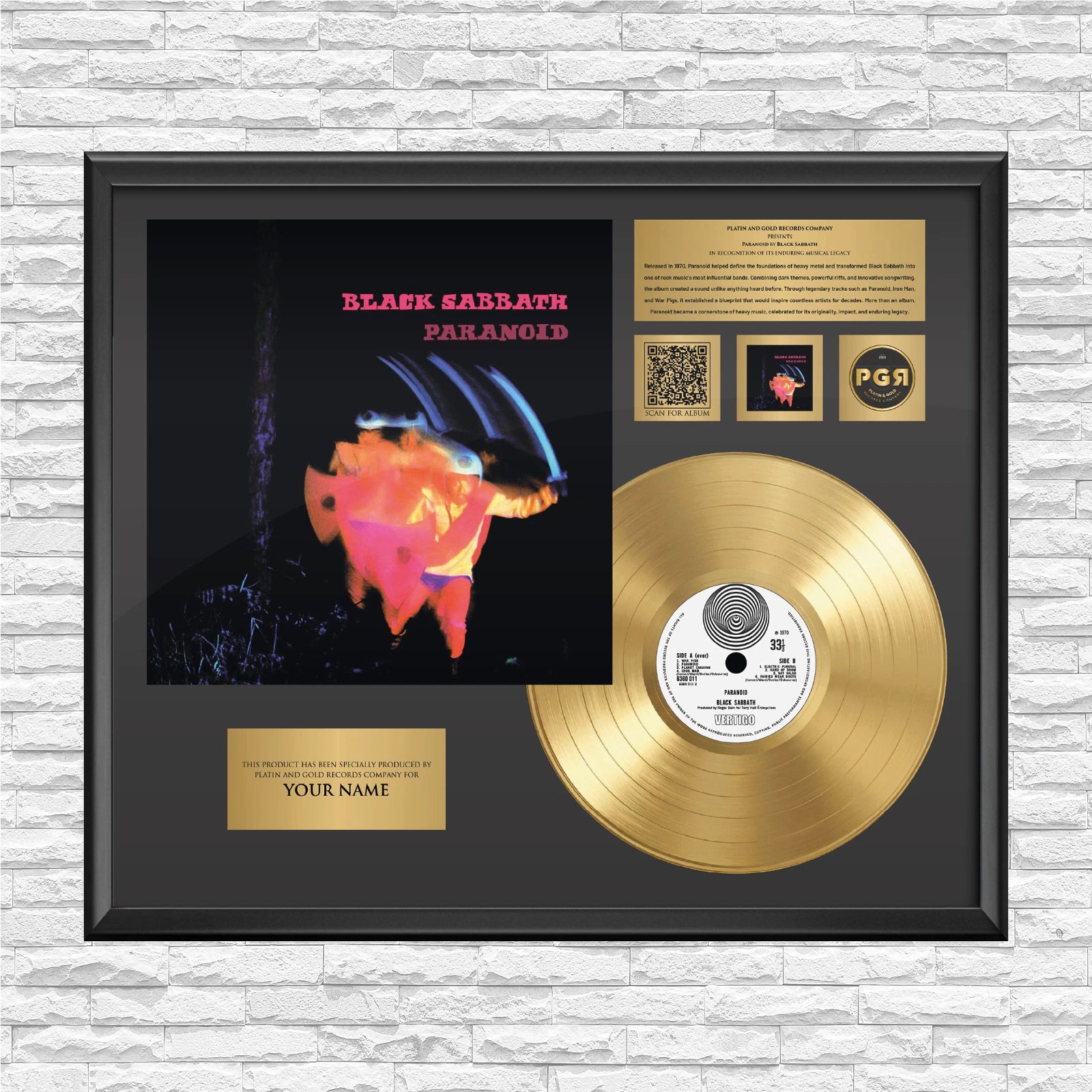 Personalized Black Sabbath Paranoid Gold Record Framed Wall Art Decor
