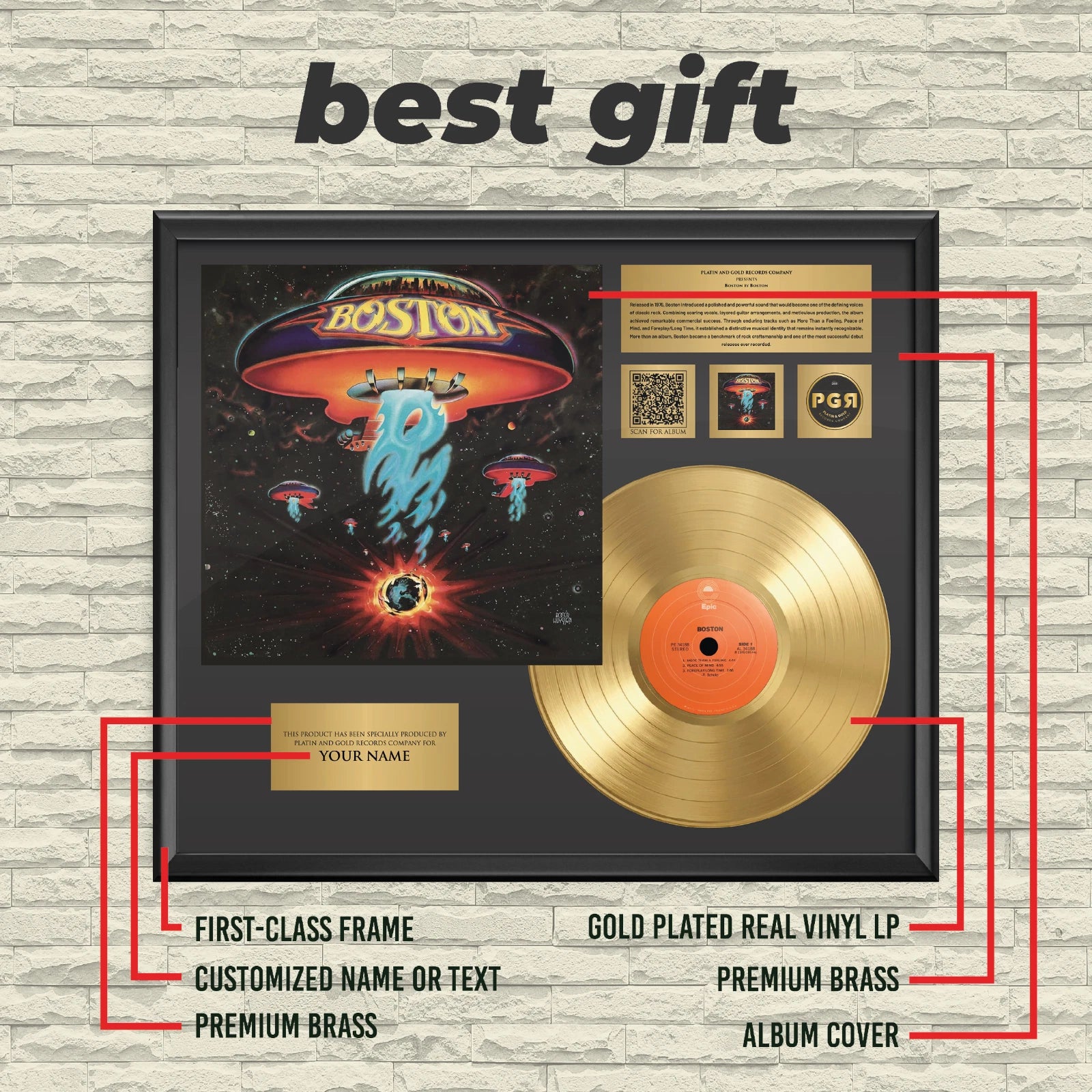 Personalized Boston Boston Gold Record Framed Wall Art Rock Decor