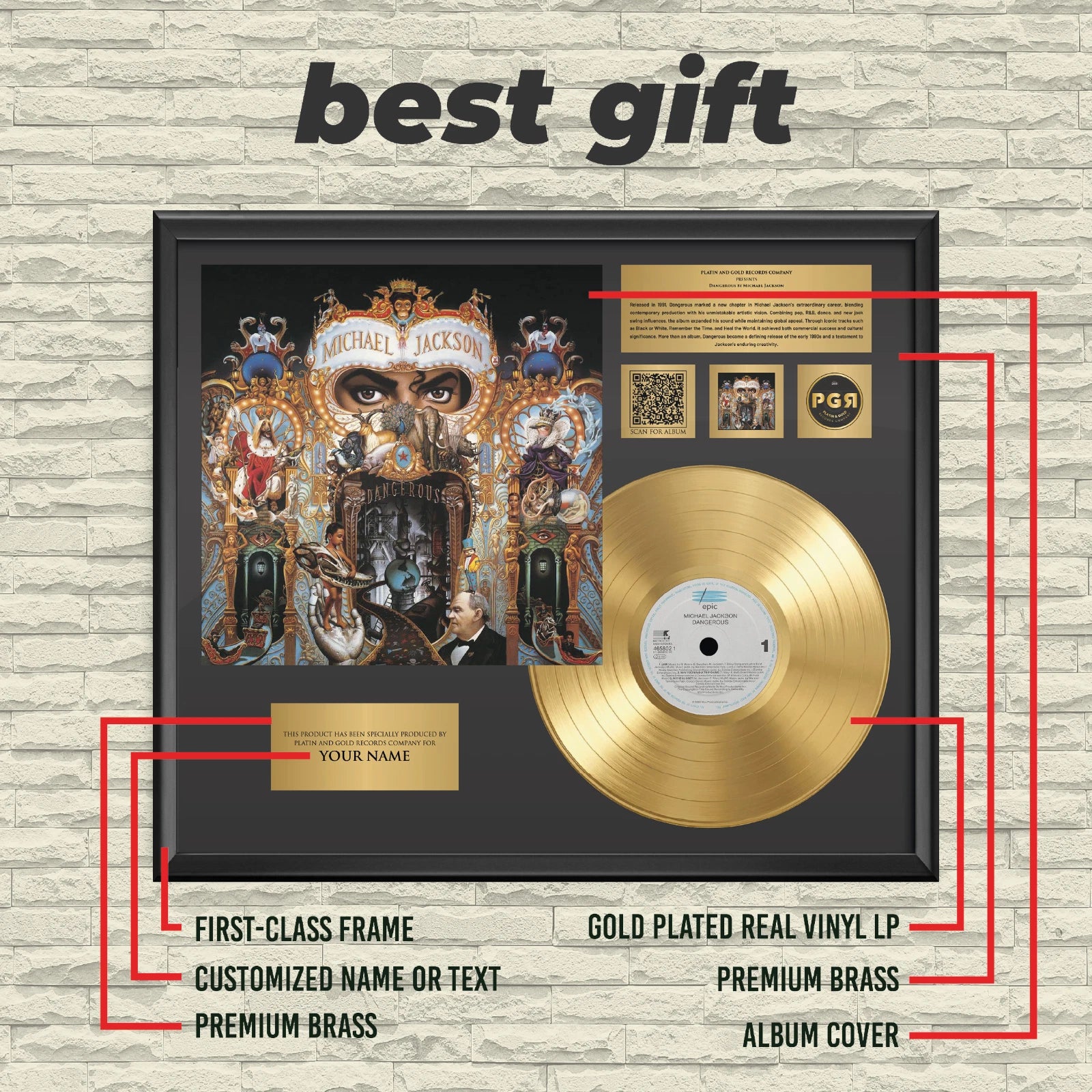 Personalized Michael Jackson Dangerous Gold Record Framed Wall Art